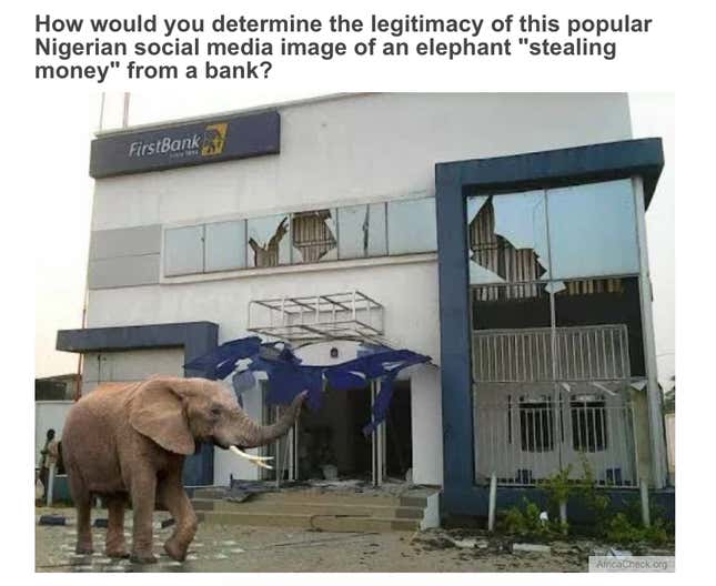 Screenshot of a question in the fake news quiz.