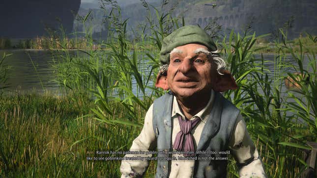 A goblin named Arn tells the player about the violent tactics of another goblin named Ranrok.