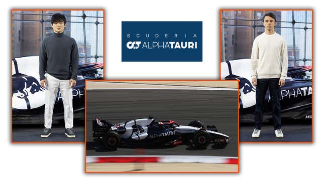 A collage of images of Yuki Tsunoda, Nyck de Vries and the 2023 AlphaTauri F1 car. 