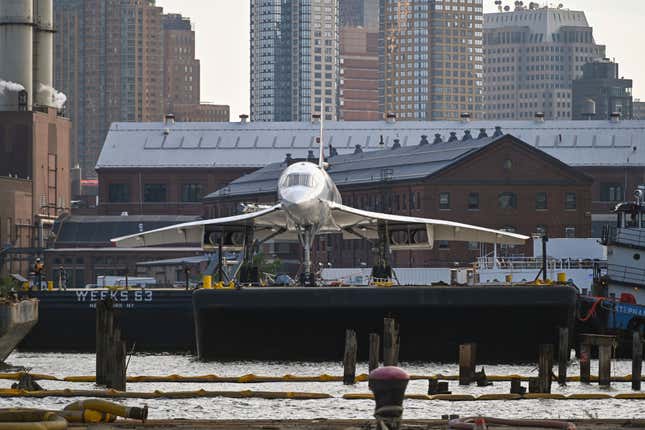 The British Airways Concorde from the Intrepid Museum sits in dock at the GMD Shipyard at Brooklyn Navy Yard on August 9, 2023 in New York City.