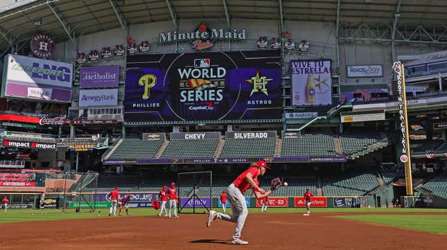Alec Bohm warming up at Minute Maid Park ahead of the World Series