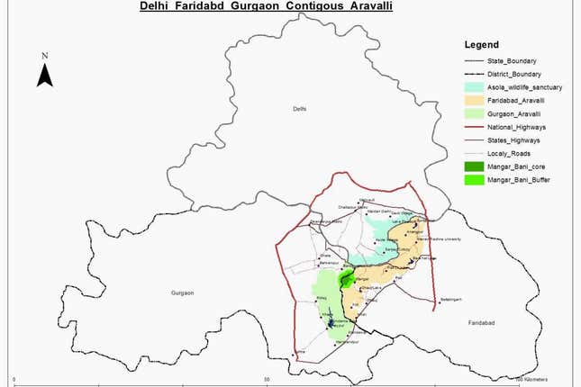 Map shows contiguous study area in the Aravalli Hills of Delhi, Faridabad, and Gurgaon Districts in the state of Haryana.