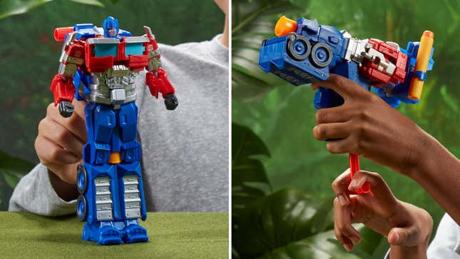 The Hasbro The Transformers: Rise of the Beasts 2-in-1 Optimus Prime Blaster shown in both robot and blaster modes.