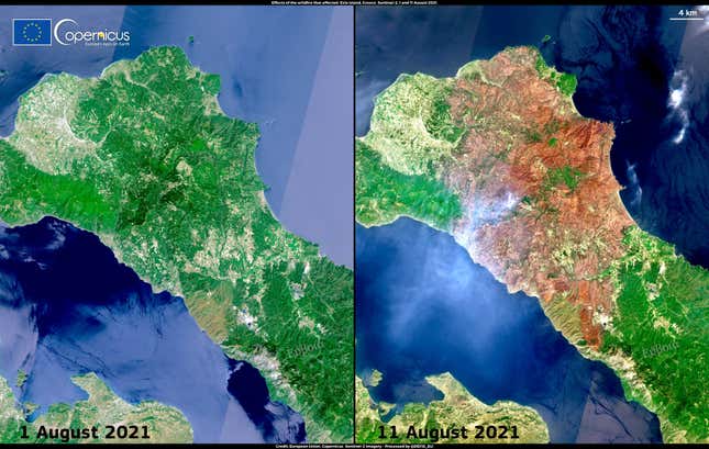 La isla de Evia antes y después de los incendios.