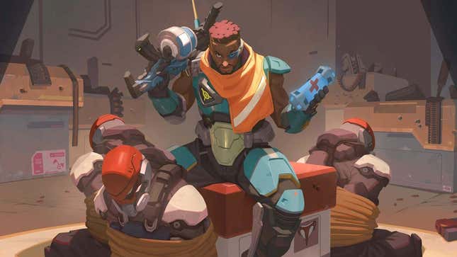 Baptiste is shown sitting over a group of tied up Talon soldiers.