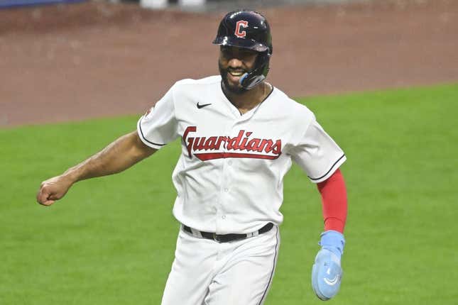 Jun 20, 2023; Cleveland, Ohio, USA; Cleveland Guardians shortstop Amed Rosario (1) reacts while scoring in the seventh inning against the Oakland Athletics at Progressive Field.