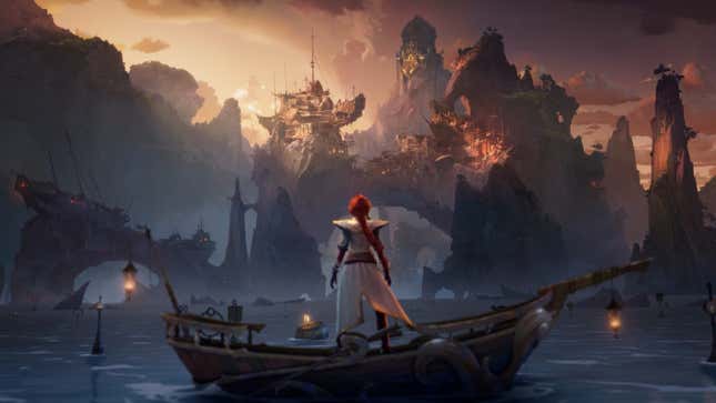 A sailor looks out at the pirate city from her boat.