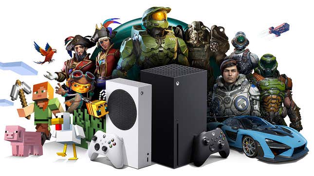 Master Chief, Kate Diax, Fast Ferrari, and other popular Xbox characters stand behind next-gen Xbox consoles.