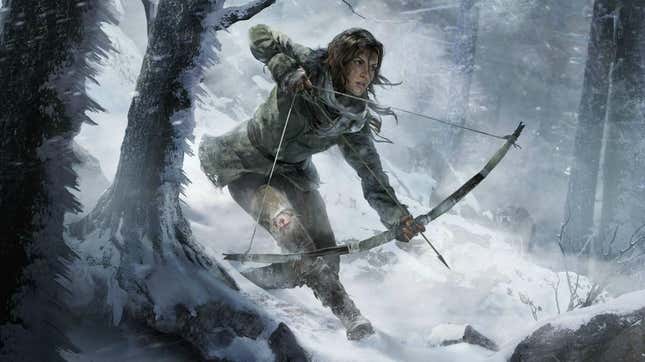 Lara Croft is seen with a bow drawn and walking through a snowy wooded area.