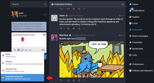 The are multiple visibility settings, ranging from “Public” to “Mentioned people only,” which is a direct message.