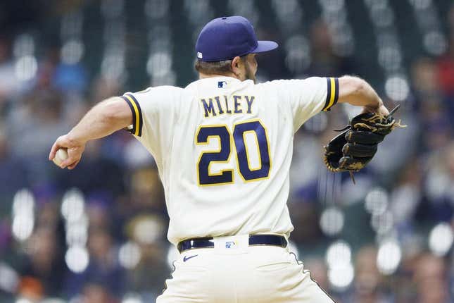 Apr 4, 2023; Milwaukee, Wisconsin, USA;  Milwaukee Brewers pitcher Wade Miley (20) throws a pitch during the second inning against the New York Mets at American Family Field.