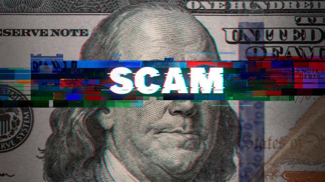 An image of a 100 dollar bill with the word "SCAM" over Benjamin Franklin's eyes.