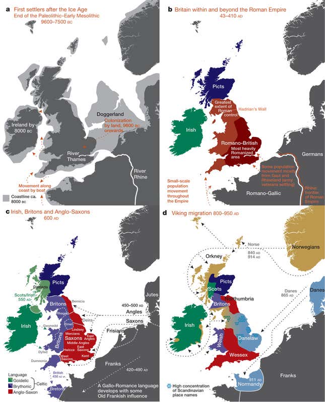 Image for article titled 10,000 years of war and immigration captured in this DNA map of Britain