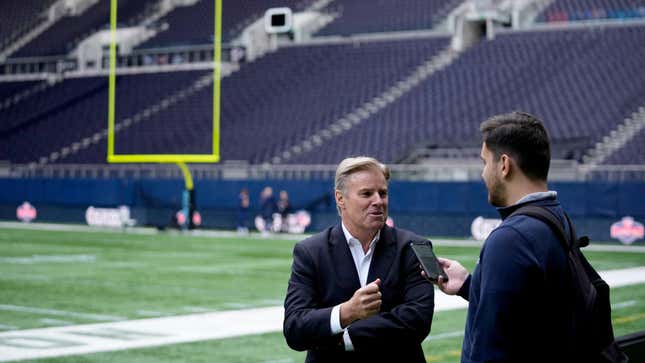 Brett Gosper gives a media interview during the NFL International Combine at the Tottenham Hotspur Stadium in London, Tuesday, Oct. 12, 2021.
