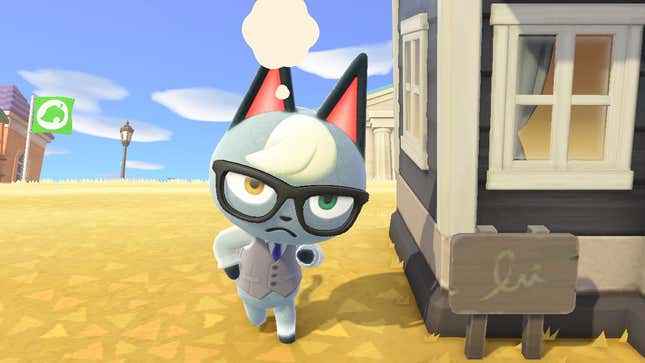 Raymond the cat contemplating something in front of a black house in the video game Animal Crossing: New Horizons.