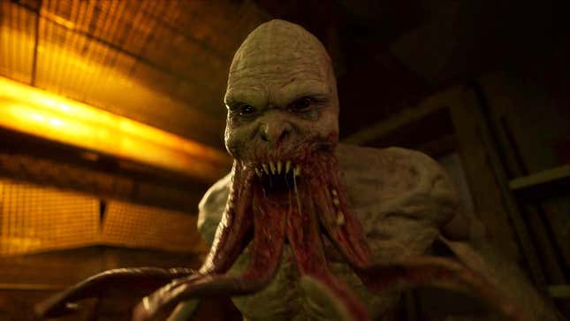A hairless, tentacle-faced bloodsucker enemy from STALKER 2 opens its unpleasant-looking maw.