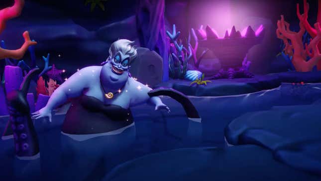 Ursula from Disney's The Little Mermaid lies in her water cave in Disney Dreamlight Valley.