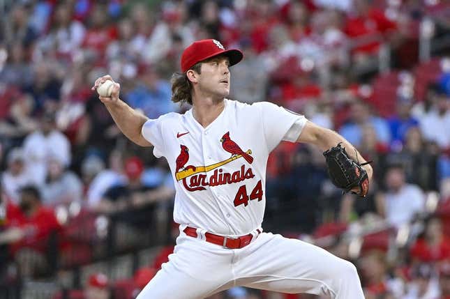 Apr 14, 2023; St. Louis, Missouri, USA;  St. Louis Cardinals starting pitcher Jake Woodford (44) pitches against the Pittsburgh Pirates during the first inning at Busch Stadium.
