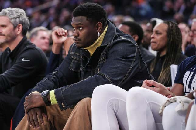 Feb 25, 2023; New York, New York, USA;  New Orleans Pelicans forward Zion Williamson watches the game in the third quarter against the New York Knicks at Madison Square Garden.