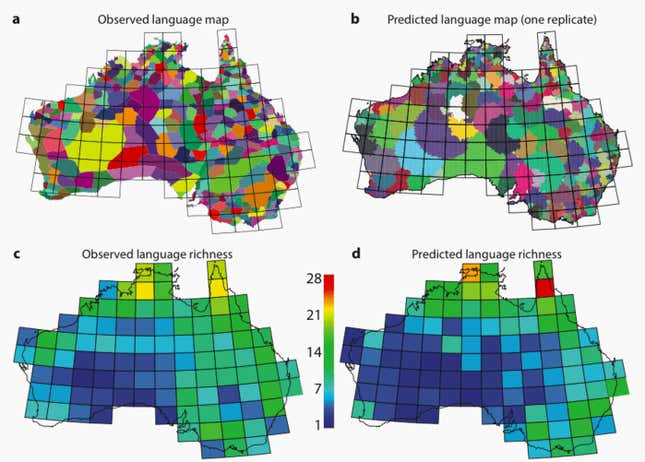 A simulation model based on a few simple processes predicts much of the geographic variation in language diversity in Australia. (Credit: Gavin et al DOI: 10.1111/geb.12563, CC BY, via The Conversation)