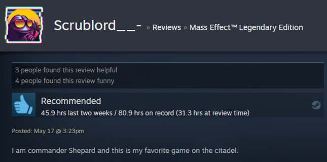 Image for article titled Mass Effect: Legendary Edition, As Told By Steam Reviews