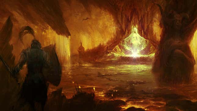 A warrior in armor and shield looks toward a glowing figure in the bowels of hell in official artwork for Diablo IV.
