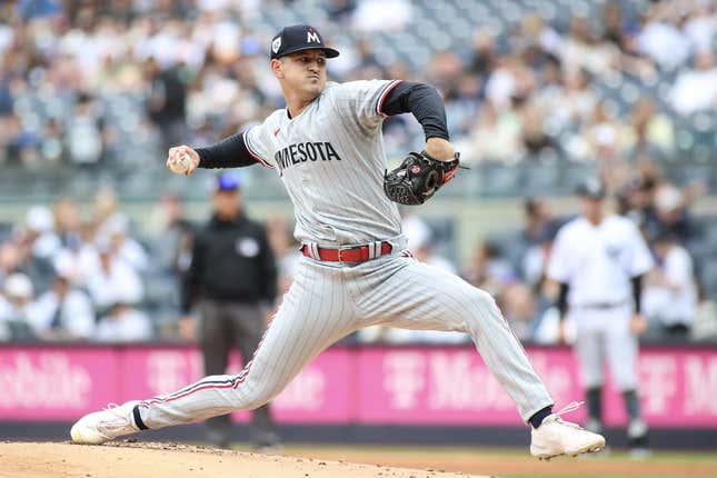 Apr 15, 2023; Bronx, New York, USA;  Minnesota Twins starting pitcher Tyler Mahle pitches in the first inning New York Yankees at Yankee Stadium.
