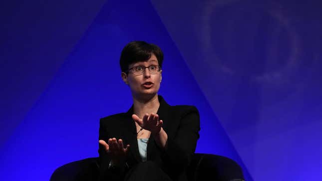 A photo of former Twitter CISO Lea Kissner speaking at a conference in 2018.