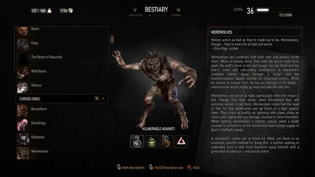The bestiary reveals lore and weaknesses for werewolves.