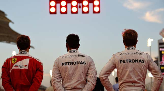 Sebastian Vettel (left), Lewis Hamilton (center), and Nico Rosberg (right) at the 2016 Bahrain Grand Prix.