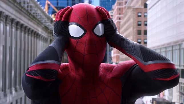 Tom Holland as Spider-Man, staring at a news screen with his head in his hands and shocked. 