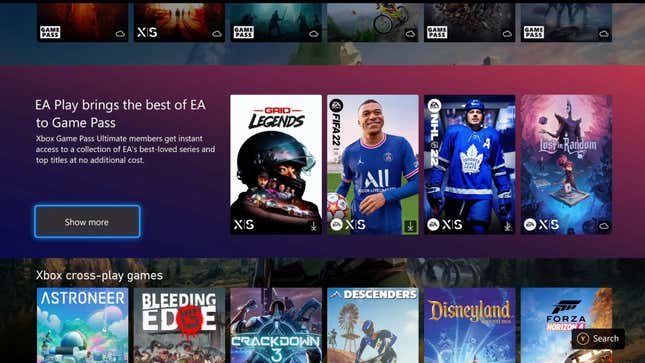 An image of the revamped Xbox Dashboard specifically highlights the EA games available through Game Pass via EA Play.