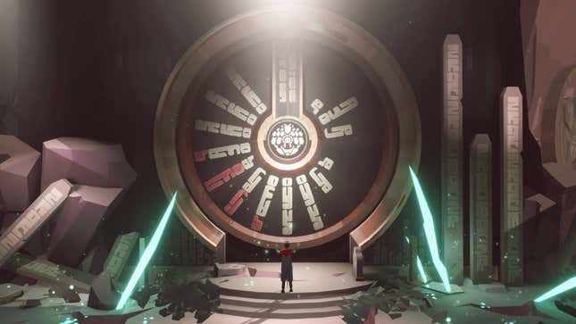 Jun stands in front of a puzzle vault door.