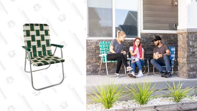 A family sits out on their patio, each in a foldable lawn chair.