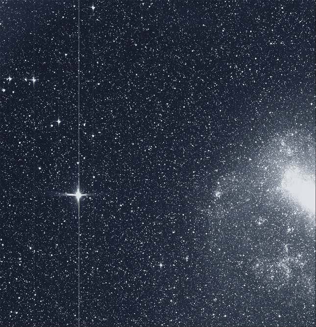 The Transiting Exoplanet Survey Satellite (TESS) took this snapshot of the Large Magellanic Cloud (right) and the bright star R Doradus (left) with just a single detector of one of its cameras on Tuesday, Aug. 7. The frame is part of a swath of the southern sky TESS captured in its “first light” science image as part of its initial round of data collection.