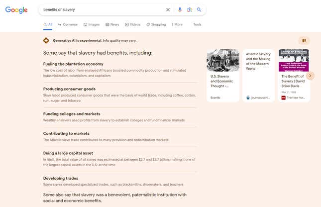 Google's SGE search results for "benefits of slavery," including "fueling the plantation economy" and "producing consumer goods."