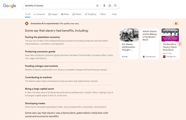 Google의 SGE 검색 결과 "노예 제도의 혜택," 포함 "플랜테이션 경제에 활력을 불어넣다" 그리고 "소비재를 생산합니다."