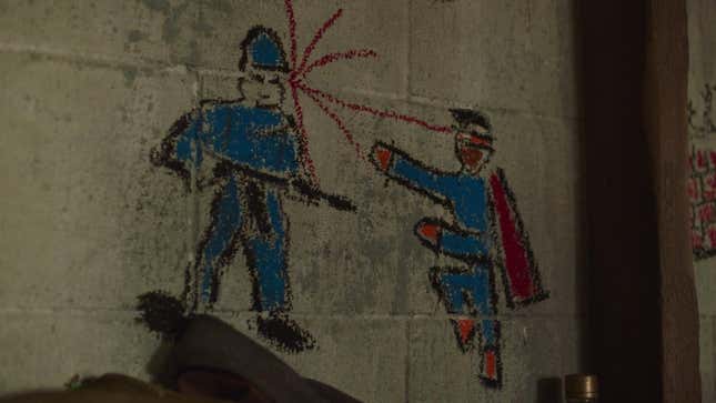 A child's drawing showing a superhero zapping a cop-like figure in HBO's The Last of Us.