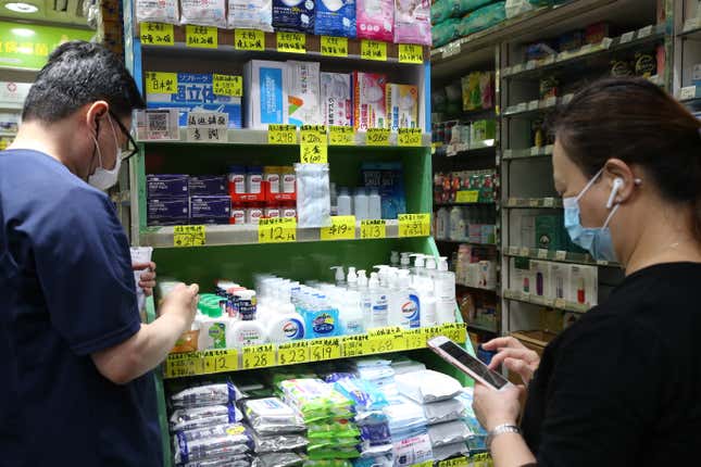 Masks and disinfectants, including Virus Shutout, sold at a drugstore in Hong Kong.