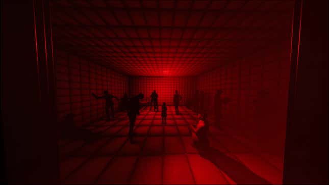 Silhouettes of people surround Leysha and her daughter Halsey in a deep red hallucination of a padded room.