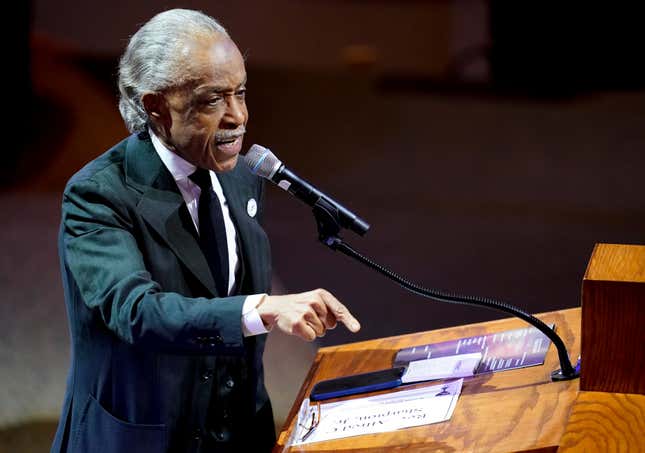 Rev. Al Sharpton delivers the eulogy for Tyre Nichols at Mississippi Boulevard Christian Church in Memphis, Tenn., on Wednesday, Feb. 1, 2023. Nichols died following a brutal beating by Memphis police after a traffic stop. 