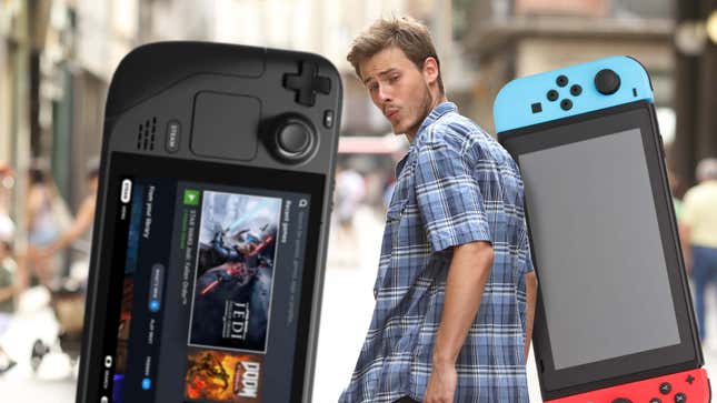 An image shows a man staring at a Steam Deck while he stands near a Switch. 