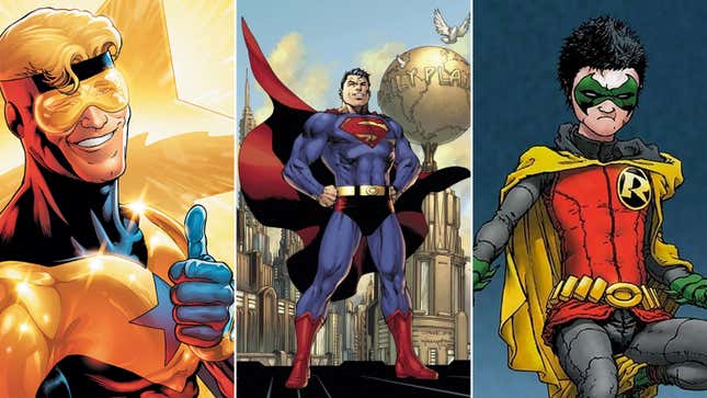 Booster Gold (Hi-Fi/DC Comics), Superman (Jim Lee/DC Comics), Damian Wayne (Frank Quitely/DC Comics)