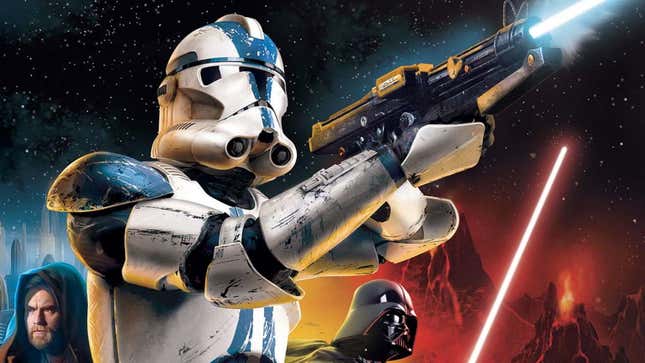 A Clone Trooper aiming his blaster off screen with Darth Vader and Obi-Wan behind him. 
