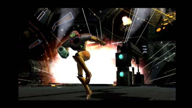 Samus Aran runs away from an explosion in Metroid Prime, one of the best video games of 2002.