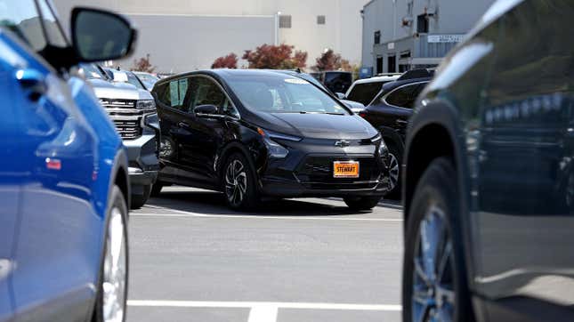A Chevrolet Bolt EV sits parked in the sales lot at Stewart Chevrolet on April 25, 2023 in Colma, California.