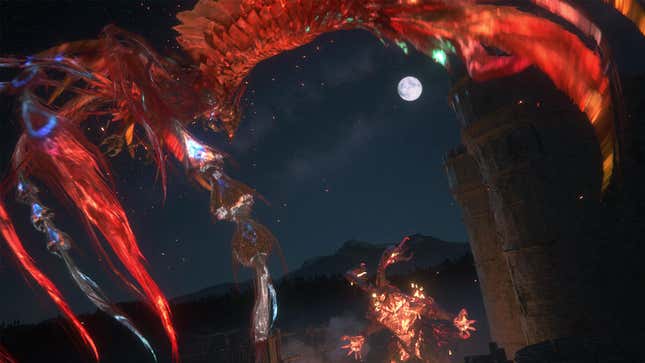 A phoenix and the Eikon of Fire battle under the light of the moon in Final Fantasy 16.