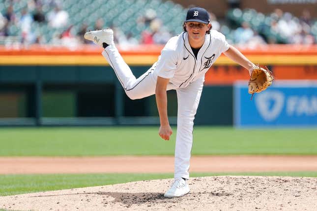 Tigers pitcher Reese Olson delivers a pitch against Braves during the fourth inning of the first game of the doubleheader at Comerica Park on Wednesday, June 14, 2023.