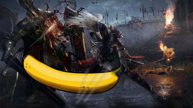 An Elden Ring character slashes through the armor of his enemy using a giant banana.