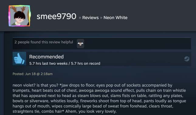 Image for article titled Neon White’s Steam Reviews Are Horny As Hell